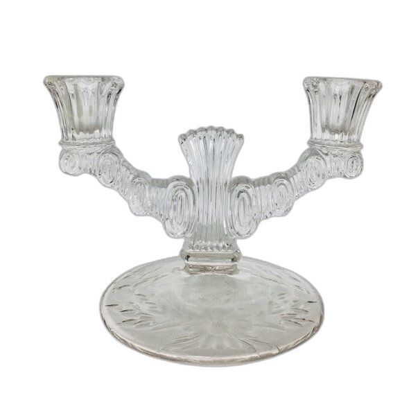 Vintage 1920s Art Deco Etched Glass Double Arm Candelabra Candle Holder Pair - Picture 1 of 10